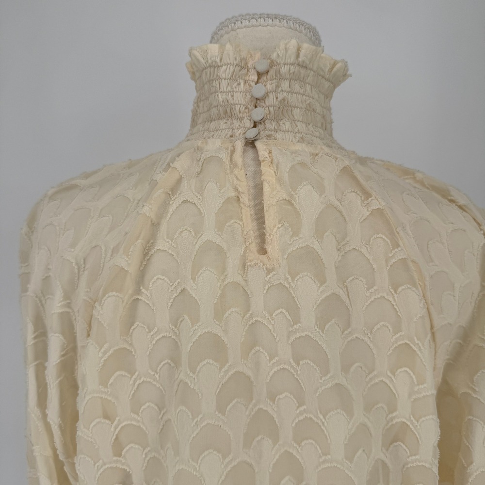 HM Smocked Mock Neck Blouse 10 Cream Sheer Victorian Coquette Cottagecore Boho - Picture 5 of 12